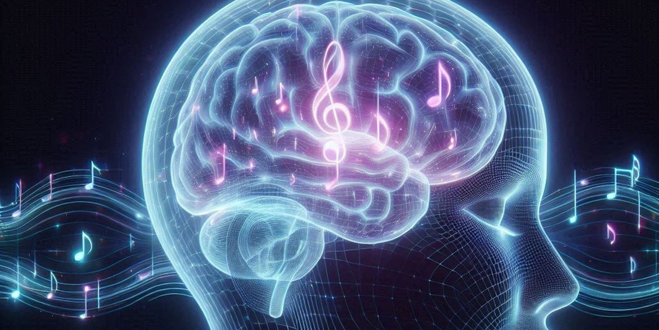 Graphical image of a brain with musical notes flowing through it